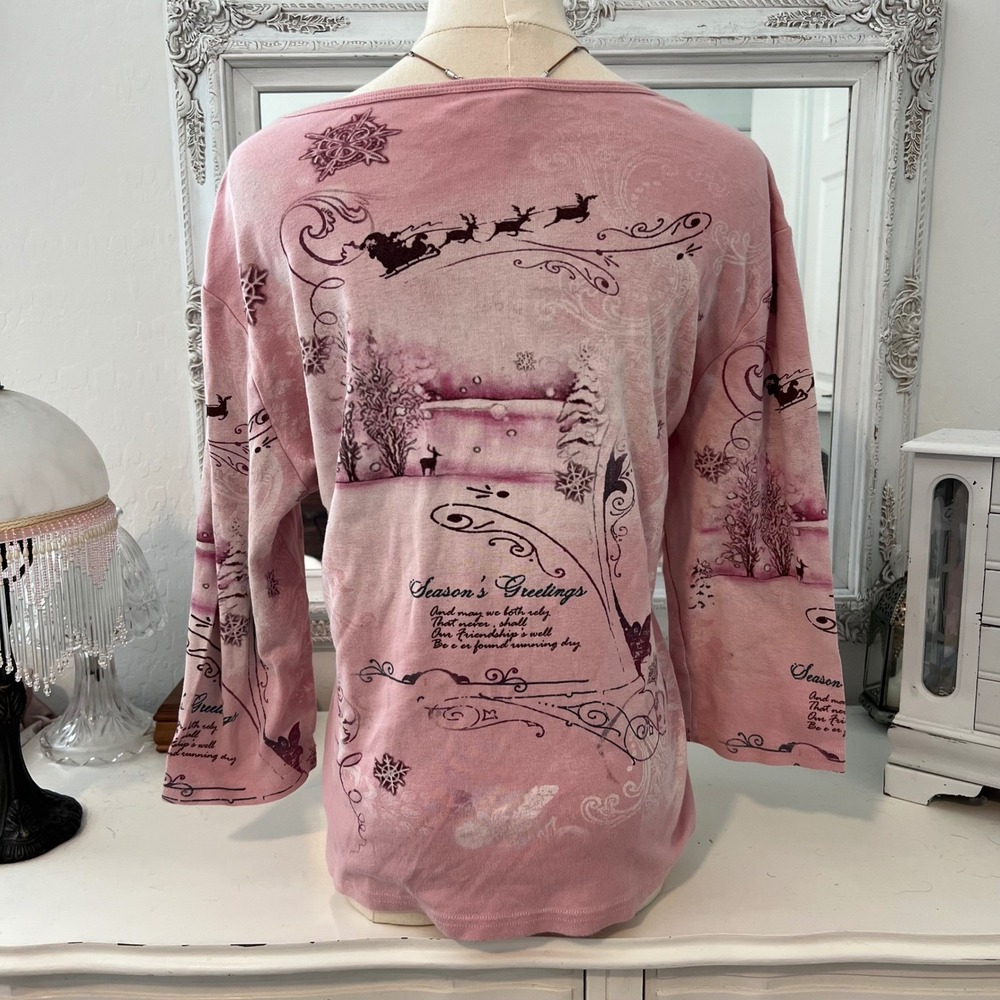 vintage pink graphic christmas quarter‎ sleeve top - Picture 4 of 5
